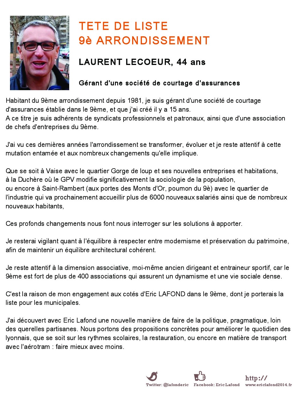 Laurent Lecoeur - Tête de liste 9e arrondissement Lyon - Liste Eric Lafond